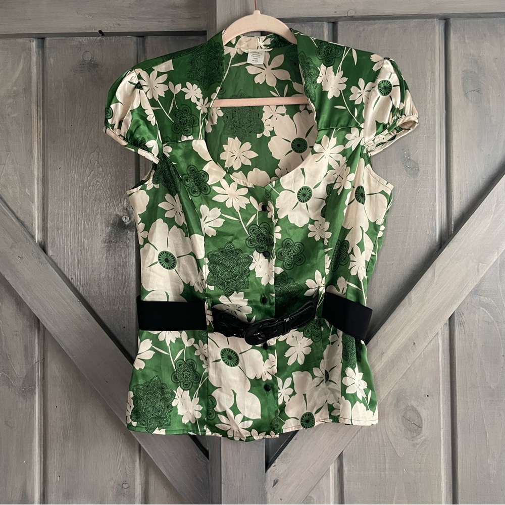 Y2K Vintage Studio Y Mandarin Satin Blouse with belt emerald ivory floral Asian